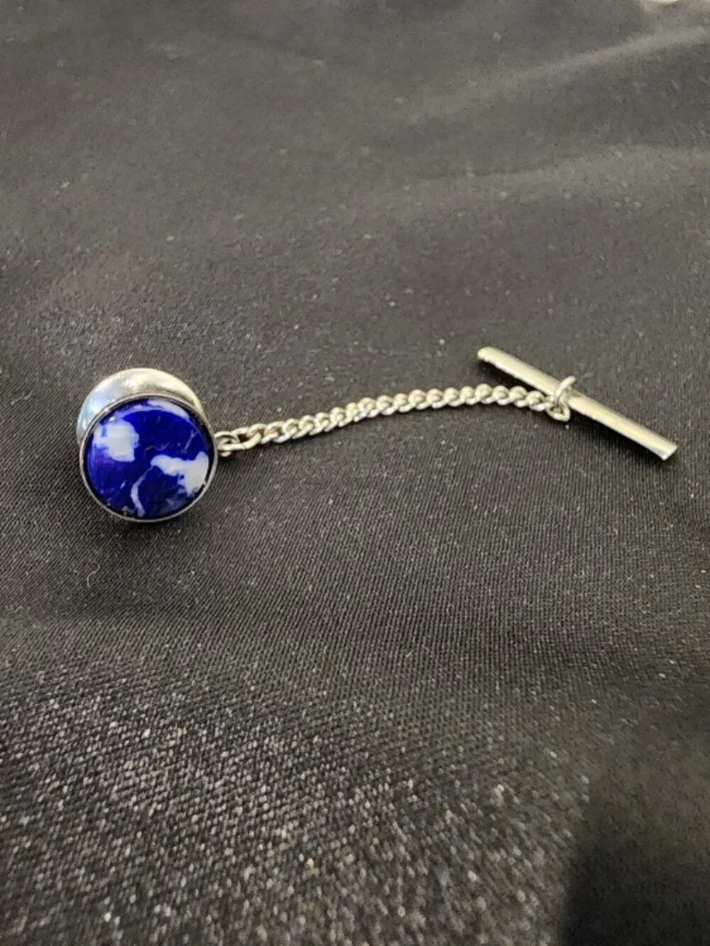 Vintage Silver-Toned Tie Tack with Blue Marbled Stone